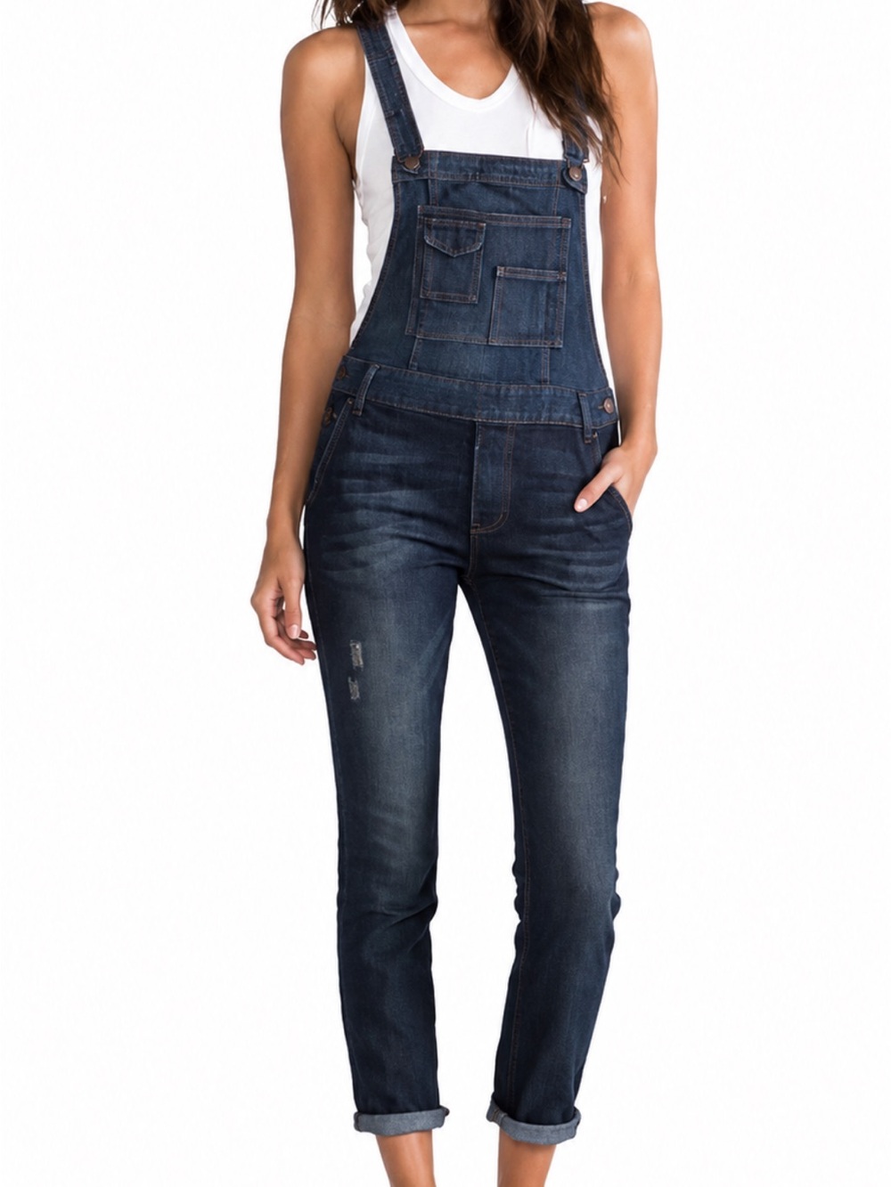Free People Milo Distressed Denim Overalls Size 28